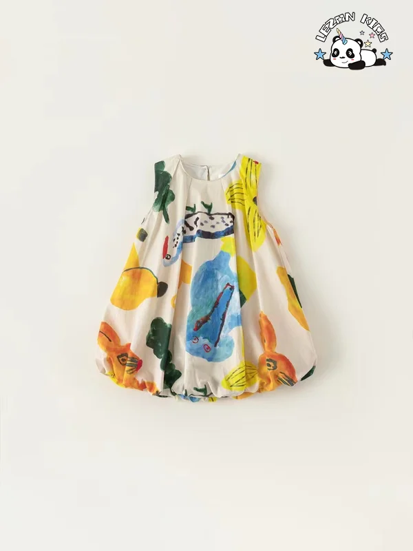 LEZONKIDS - Customizable Idear Cute Pattern Sleeveless Printing Kids Satin Fashion Kids Dresses for Girls
